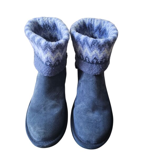 UGG SAELA Rib Knit Suede Sheepskin Cuff Boots Blue Purple Fair Isle US 9 - Picture 2 of 8